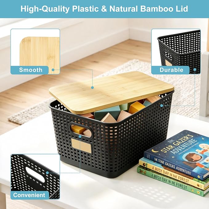 2 Pack Tall Plastic Storage Bins with Bamboo Lids, 10.8qt Stackable Storages Baskets for Organizing Desktop Closet Playroom Classroom Office, 12"L x 8.3"W x 6.1"H, Black - Image 2