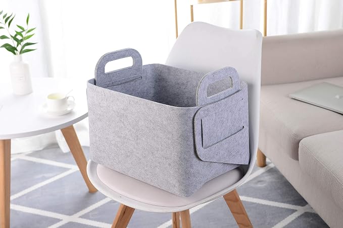 Minoisome Storage Basket Felt Storage Bin Collapsible& Convenient Box Organizer with Carry Handles for Office Bedroom Closet Babies Nursery Toys Laundry (Light grey, 15.7inch（L）×11inch（W）×10inch（H）) - Image 2