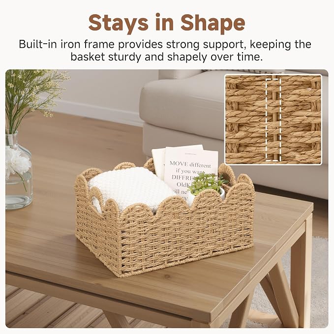 StorageWorks Scalloped Wicker Basket, Large Baskets for Decor, Paper Rope | Woven Baskets for Storage, Wicker Storage Baskets for Shelves, Large Wicker Basket, Shelf Basket with Handles, 2 Pack - Image 5