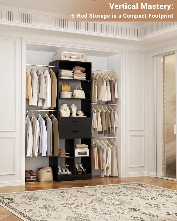 Besiost Small Closet System, 3.2-6.8FT Small Closet Organizer with 5 Hanging Rods, Can Fit 37.5 to 81.9 inch Walk-in Closet System, Built-in, Black, Enclosed Storage Volume 2.32 ft³ - Image 2