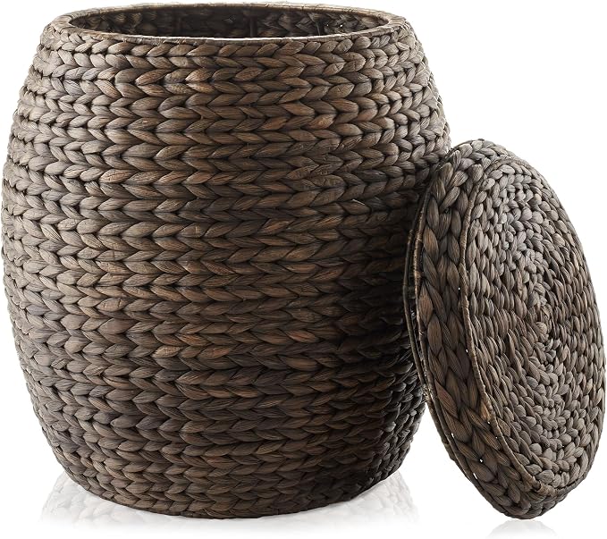 Casafield Round Storage Basket with Lid - Espresso Dark Brown, Handwoven Hyacinth Organizer for Laundry, Blanket, Plants, Bedroom, Living Room, Office by Casafield
