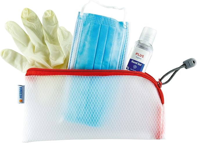 HERMA 20002 Zip Cosmetic Bag, Transparent (23 x 11 cm) Small Zippered Travel Pouch for Mobile Phone, Charging Cable, Cosmetics, pens, Keys, Clear Toiletry Bag with Zipper in red - Image 7