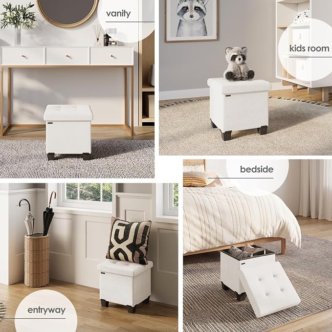 Storage Ottoman Cube with Small Bin, 15-in Square Ottoman with Storage for Living Room and Bedroom, Small Ottomans Foot Rest, Fabric Foot Stools Ottomans Max 330lbs, Cream - Image 4