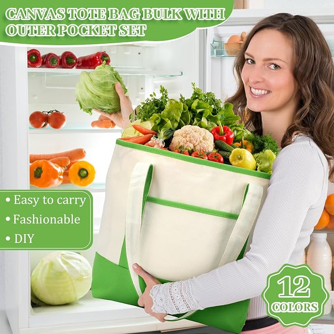 Sanwuta Canvas Tote Bags Bulk with Outer Pockets,Bright Color,12 Pack | Reusable Cotton Grocery Bags, Perfect for Teachers, Party Giveaways, DIY Crafts, Wedding Favors, Business Gifts - Image 6