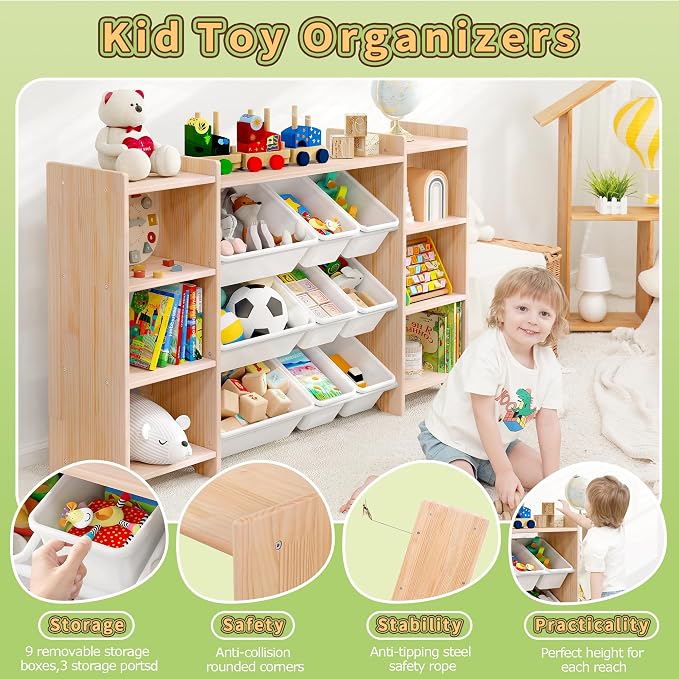 MallBest 57" Extra Wide Toy Storage Organizer and Kids Bookshelf, Solid Pine Wood Frame Playroom Organizer with 9 Bins, 4-Tier Toy Organizer for Kids Room, Nursery and Bedroom, Natural - Image 6