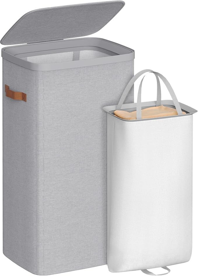 SONGMICS Laundry Basket, 26.4 Gal. Laundry Hamper, Easy Assembly, with Lid and Handles, Removable Liner, 16.5 x 12.6 x 29.5 Inches, Dove Gray ULCB811GD01 by Unknown