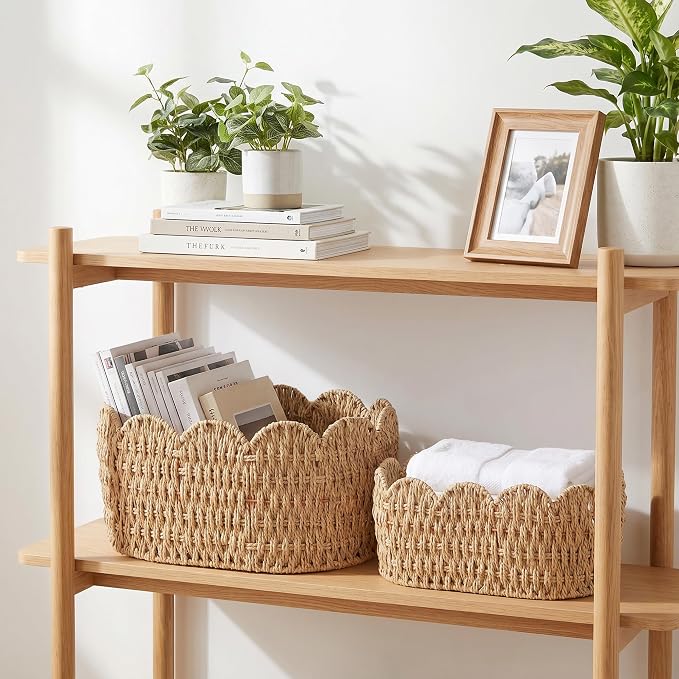 iEGrow Paper Rope Scalloped Basket, Set of 2 Woven Storage Wicker Baskets with Handle for Organizing and Shelves, Cute Boho Oval Baby Baskets for Decor, Towel, Toys, Nursery, Book, Gift Natural - Image 7