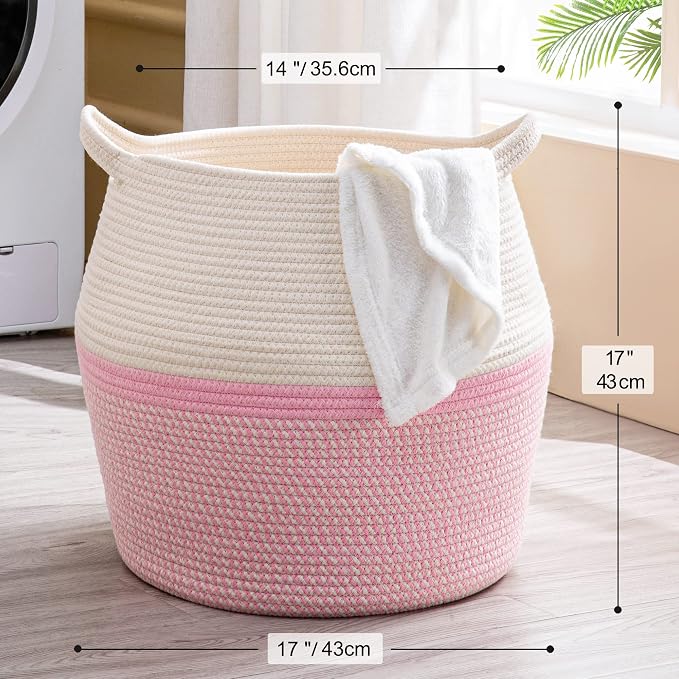 KAKAMAY Woven Baskets for Storage(17"x17"),Large Cotton Rope Woven Baby Laundry Hamper,Collapsible Laundry Basket, Blanket Basket for Organizing Living Room,Nursery,Pillows,Toy Chest(Pink) - Image 6