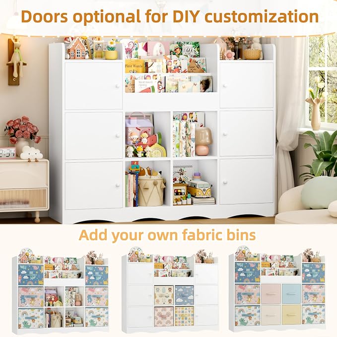 Toy Organizers and Storage with 10 Cubbies and 4 Tier Bookshelf | 55" Large Kids Bookshelf Toy Organizers and Storage with Raised-Edge Top Shelf, Playroom Storage and Toy Chest, White - Image 4