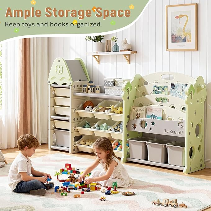 Pipleo Kids Toy Storage Organizer with 17 Removable Bins, 4-Tier Bookshelf for Kids, Multi-Purpose Castle-Shaped Toy Organizer for Playroom, Bedroom, Nursery, Living Room (Green) - Image 7