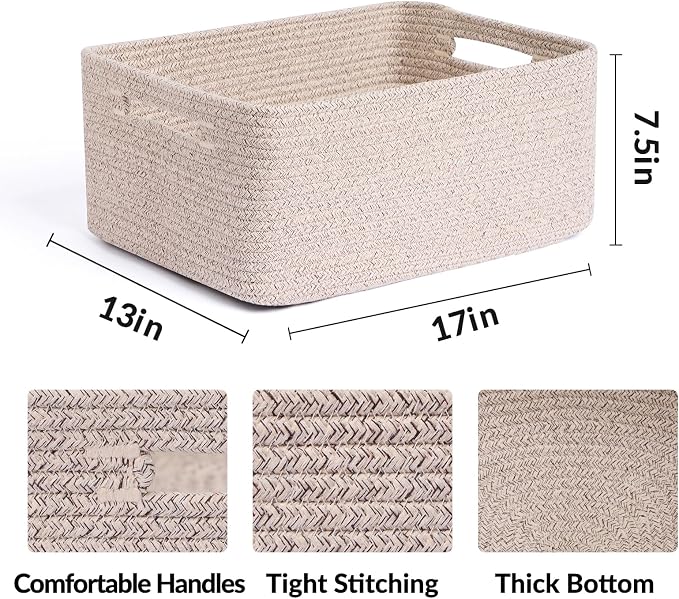 MiniArk Large Storage Baskets for Shelves, 17 x 13 x 7.5” Closet Organizers Bins for Clothes Blanket Towels, Baby Nursery, Toy Baskets Box, Woven Rope Baskets, 3 Packs Mixed Brown - Image 2