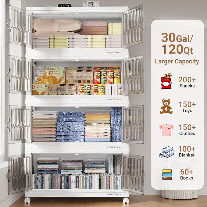 BROVIEW 480Qt Stackable Storage Bins with 4 Lids, Front and Side Open Doors, Plastic Collapsible Closet Organizer and Storage Cabinet, Foldable Box with Wheels Drawer for Home Office, 4Pack White - Image 3