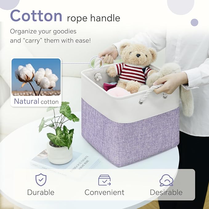 FinishingBo 11 inch Cube Storage Bin with Handles 6 Pack | Foldable Basket, Fabric Storage Bins, Closet Storage, Home Organizer (White/Purple) - Image 8