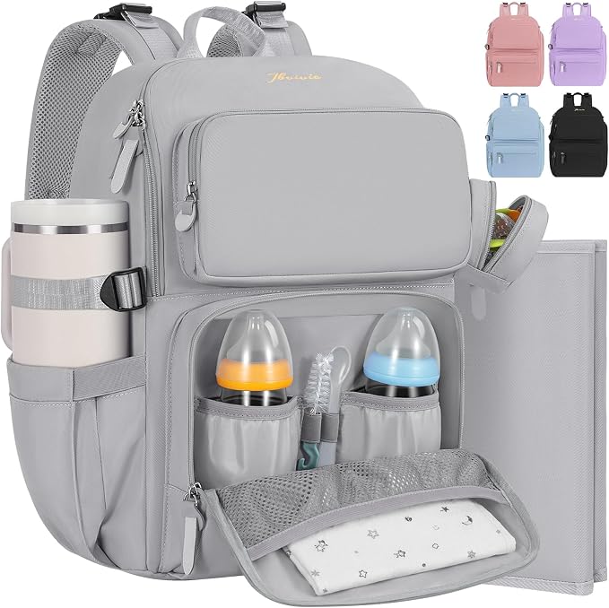 IBVIVIC Diaper Bag Backpack with Portable Changing Pad, Soft Gray | Multifunctional Baby Bag for Mom Dad, Large Capacity, Stroller Straps, Insulated Bottle Pockets & Pacifier Case by WelcometoIBVIVIC