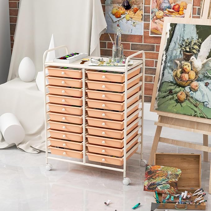 RELAX4LIFE 20-Drawer Rolling Storage Cart - Mobile Rolling Cart w/Drawers for School Classroom Teacher Office Home Salon, Paper File Art Supply Craft Organizer, Utility Cart on Wheels (Pink) - Image 7