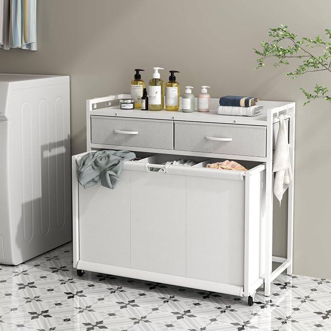 Laundry Hamper Laundry Basket with 3 Section Pull-Out Rolling Bags, Laundry Sorter for Organization and Storage with 2 Pull-Out Drawers for Laundry Room (White, 32.68'' x 31.81'' x 12.6'') - Image 2