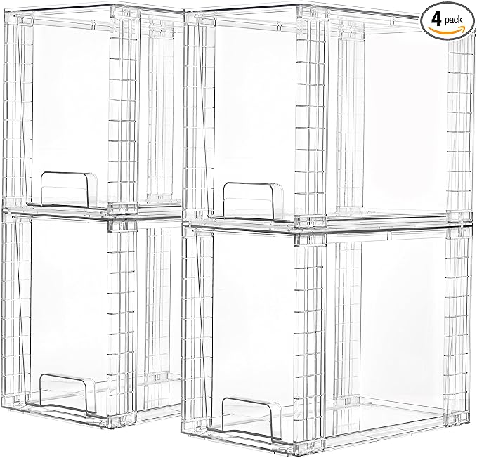 Vtopmart 4 Pack Clear Stackable Storage Drawers,9.7" High Plastic Organizers Bins for Skincare, Bathroom Supplies,Ideal for Cabinet,Undersink,Vanity,Kitchen,Pantry Organization by Vtopmart