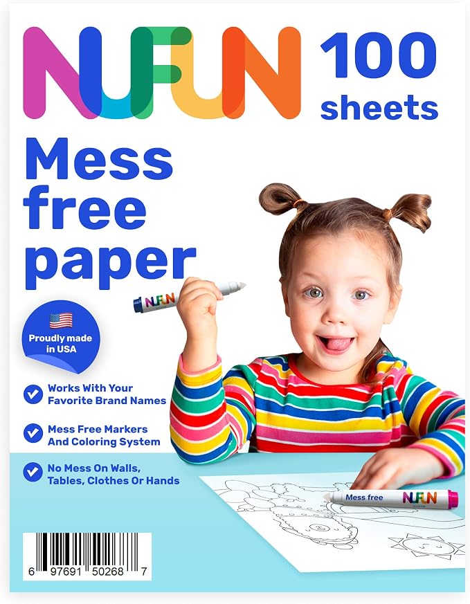 NuFun Activities Mess Free Paper for Kids 100 Blank Pages 8.5x11 | Mess-Free Coloring Formula, No Mess on Skin/Clothes, Gift for Kids by NufunActivitesDesignPrintIronEnjoy