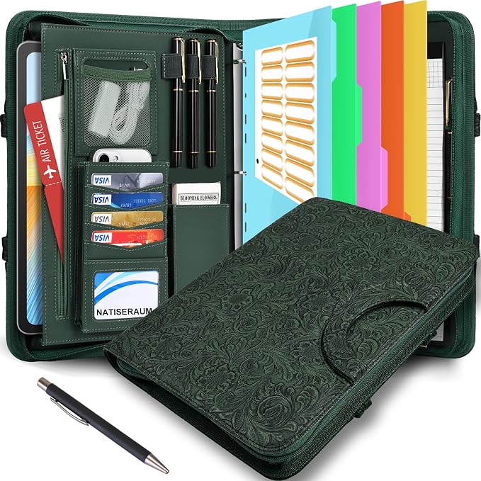 Padfolio Portfolio Binder with Handle, 3-Ring Folder Organizer | Vegan leather portfolio with notepad. Includes 5 sheet protectors for documents/files and 1 pen by NATISERAUM