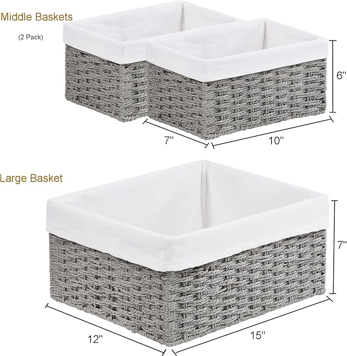 Wicker Basket, Set of 3 Hand-woven Storage Baskets for Organizing, Decorative Rectangle Wicker Storage Basket Bins with Handles, Small Toilet Paper Storage Baskets for Shelves & Decor, Grey - Image 3