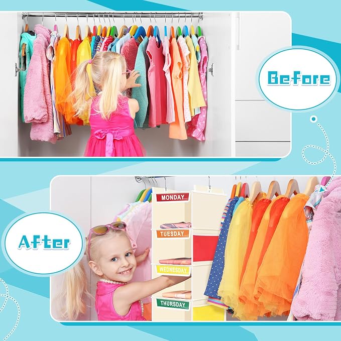 2 Pcs 7 Shelf Weekly Clothes Organizer for Kids Hanging Closet Organizer 11. 8 x 11. 8 x 50 Inches Daily Activity Kids Clothes Storage Drawers Cube Drawers Closet Hanging Shelves(Beige) - Image 6