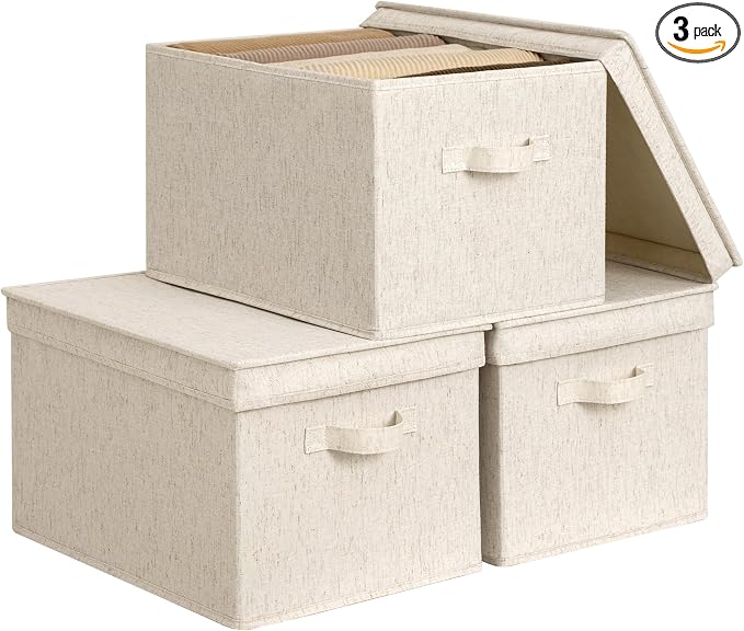 StorageWorks Fabric Storage Bins with Lids, Closet Storage Bins | Lidded Dust-proof, Easy Pull Handles, Foldable, Stackable, Ideal for Clothes Blanket Towel, Jumbo, Rustic Linen, 3-Pack by StorageWorks