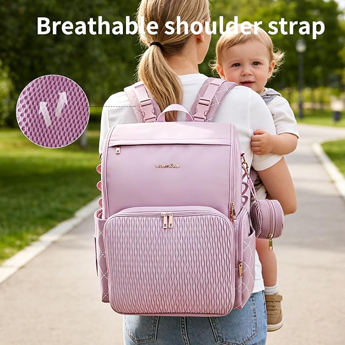 Stylish Baby Diaper Bag, Baby Bag with Changing Pad, Pacifier Case& Stroller Straps, Large Diaper Backpack Boy Girl, Water Resistant Travel Diaper Backpack（Lavender） - Image 5
