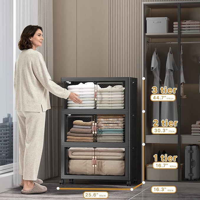 Stackable Storage Bins, 672QT Collapsible Drawers with 2 Lids | Large Capacity, Magnetic Door, Stack Lock, Rolling Wheels, Foldable Design, Organizers and Storage for Bedroom Dorm Garage - Image 2