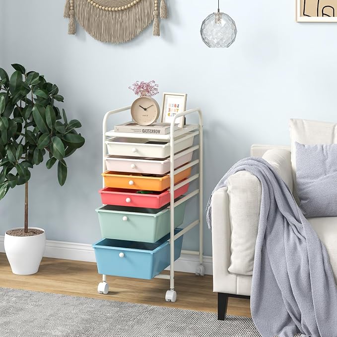 Giantex 6 Storage Drawer Cart Rolling Organizer Cart for Tools Scrapbook Paper Home Office School Multipurpose Mobile Utility Cart (Macaron) - Image 2