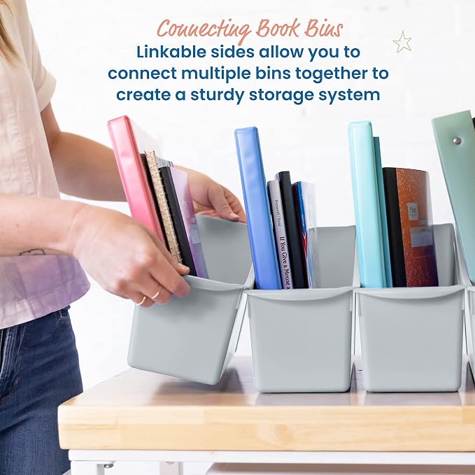 ECR4Kids Linking Plastic Storage Book Bin, Multipurpose Organization, Light Grey, 10-Piece | Durable plastic with built-in handles, interlocking, nestable, ideal for books, magazines, and files in a classroom or office - Image 3