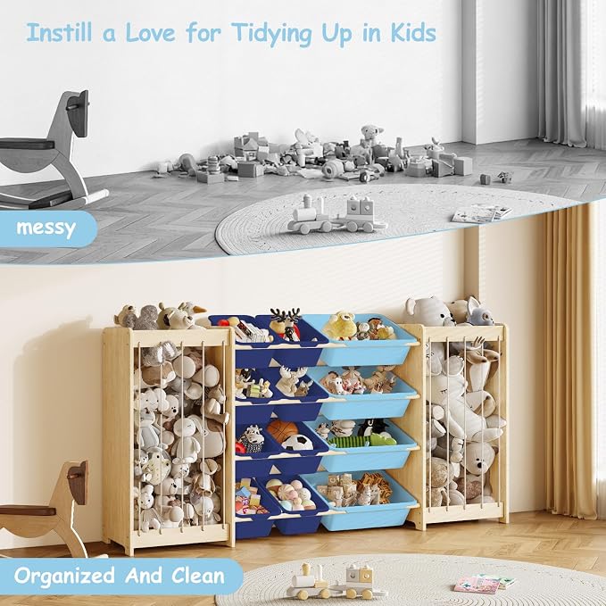 EXPERLAM Large Toy Storage Organizer, Wooden Stuffed Animal Storage & 12-Bins Toy Organizer, Double-Sided Plush Toy Holder Featuring Thicker Ropes, Space Save Bedroom Nursery Playroom Storage, Blue - Image 8