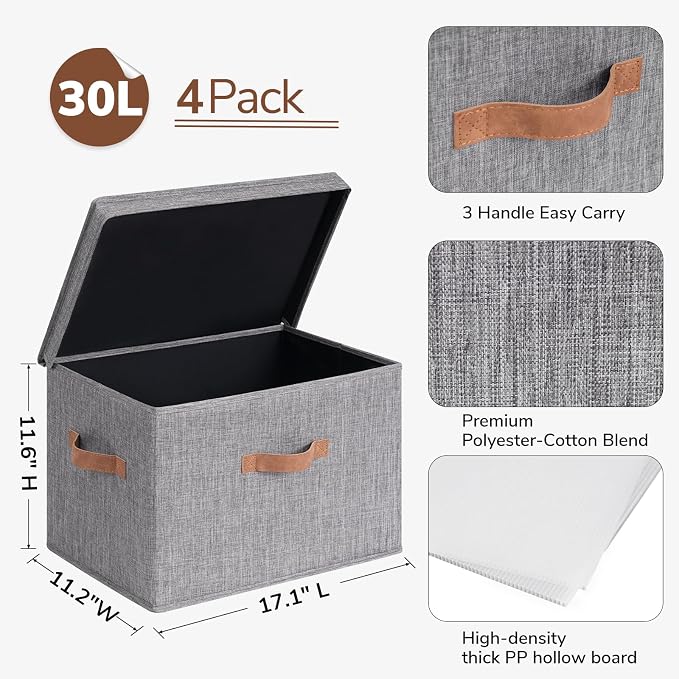 CHICVITA 4-Pack Large Fabric Storage Bins with Lids for Closet,Grey | 17.1" x 11.2" x 11.6" Storage Boxes for Shelves with Support Plate Fit Bedroom Storage Cubes with Handles for Clothes & Toys - Image 4