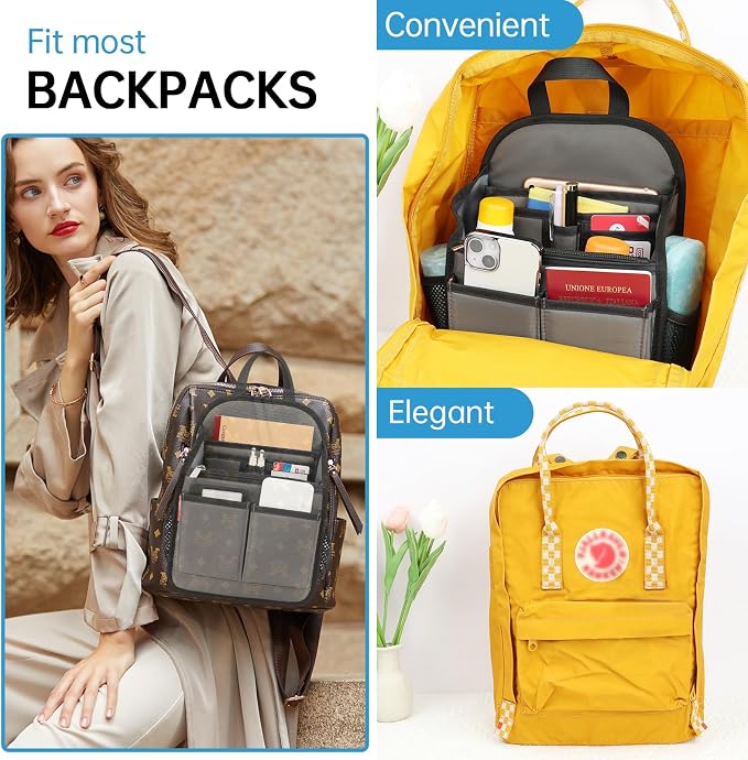 Mini Premium Rugged Backpack Purse Organizer Insert for Women Fashion Small Backpack-19 Pockets,Padded Water-repellent Nylon-Gray - Image 3