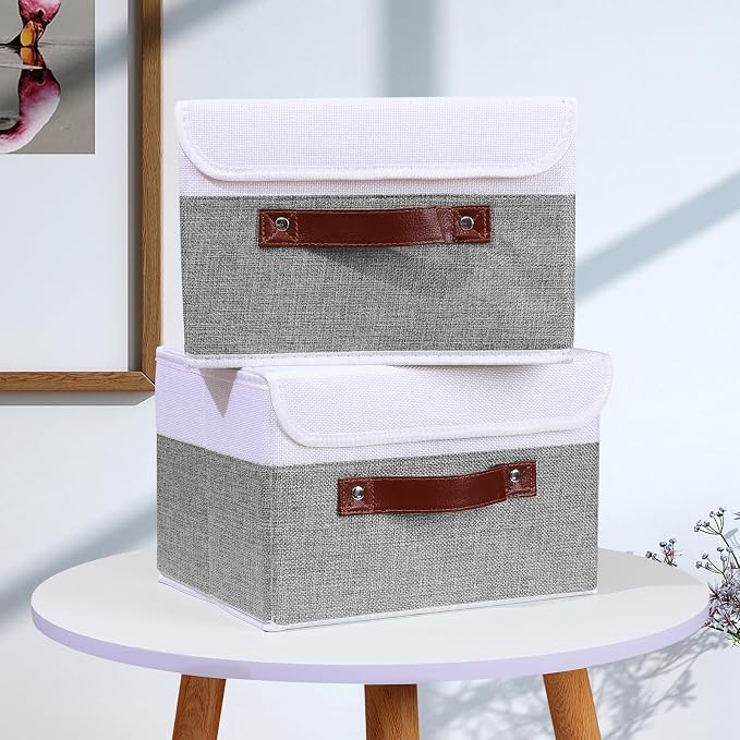ANMINY Fabric Storage Box Bins with Lids, Gray White, 10"x8"x7", 4 Pack | Keepsake Memory Storage, Cotton Linen, PP Board Reinforced, Washable, PU Handles, Foldable & Stackable, Decorative, Small - Image 6