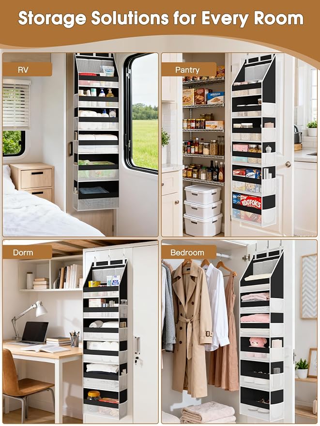 2 Pack Over the Door Organizer, Heavy-Duty 6-Shelf Hanging Storage with 13 Mesh Pockets, 55lbs Capacity Behind the Door Storage for Nursery, Bathroom, Bedroom, and Dorm, Black - Image 6