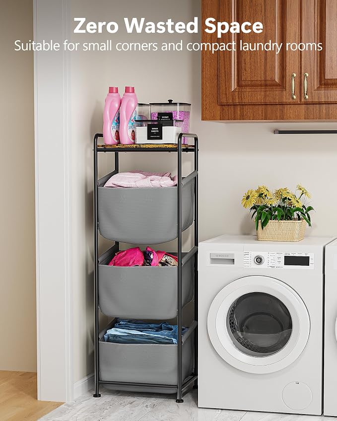 3 Section Laundry Sorter with Removable Bags, 120L Vertical Laundry Hamper with Shelf, Stackable Laundry Baskets organizer for Bathroom, Apartment, Dorm (Gray, With Shelf) - Image 4