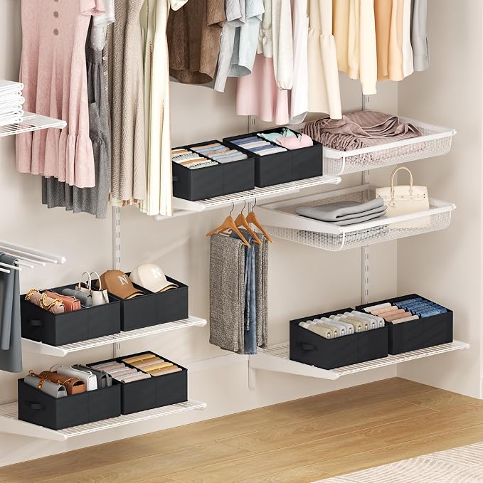 DIMJ Large Closet Shelf Organizer Bins 8 Packs with Handles and Divider, Fabric Trapezoid Storage Baskets, Foldable Clothes Containers Box for Shelf, Towel, Book, Toy, Purse, Hats, Black - Image 6