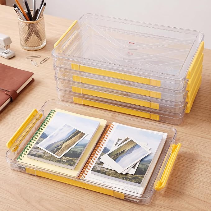 5 Pcs Clear File Storage Box Portable Paper Case with Lid Handle,Yellow - Image 4