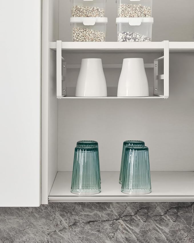 Nxconsu Under Shelf Basket 2 Pack, Cabinet Storage Organizer, 11" White | Solid Metal Bottom Holds Up to 15 lb with No Drilling for Kitchen Cupboard Pantry Bookshelf Closet Laundry and Bath - Image 5