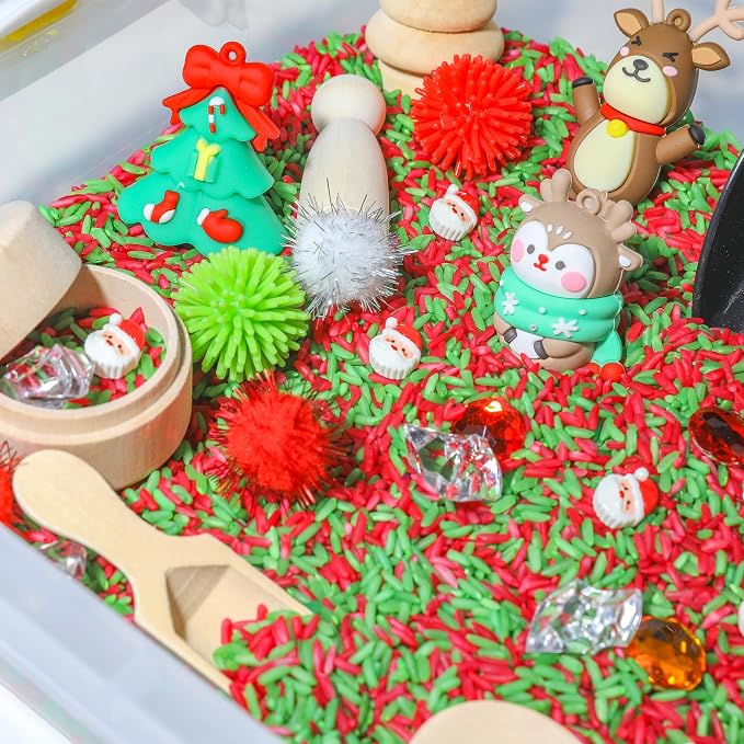 Christmas Sensory Bin Kit for Kids | Christmas Theme Red & Green Rice, Xmas Accessories, Santa Claus & Wooden Tools – Includes Clear Storage Bin - Image 2