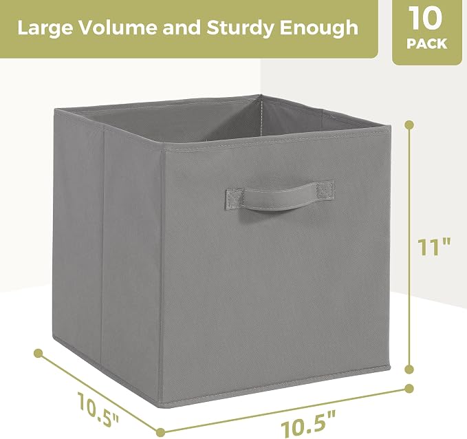 Storage Cubes, 11 Inch Cube Storage Bins, Set of 10, Fabric Foldable Storage Bins With Handles, Closet Storage Organizer Bins, Cubby Clothing Storage Baskets for Shelves, Gray - Image 2