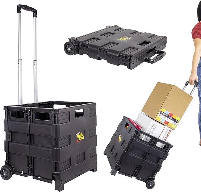 dbest Products Quik Cart Without Lid Collapsible Rolling Crate - Black | with Wheels, Roll Up to 80 lbs Capacity, Heavy Duty Plastic Construction, Telescoping Handle, Portable Handcart by dbestproductsInc