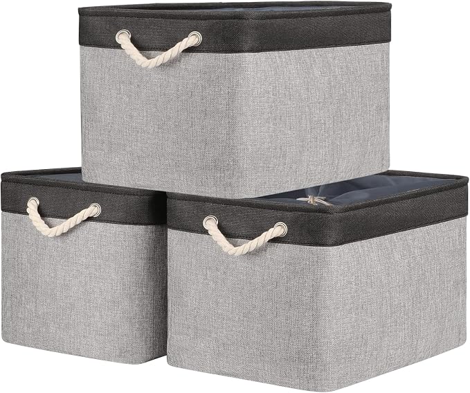 Organization and Storage Basket for Shelves - 20x16x14 inch Jumbo 3 Pack Collapsible Storage Bins for Organizing, Fabric Storage Cubes for Organizer Gift Toy Closet (Black & Grey) by TheWarmHome