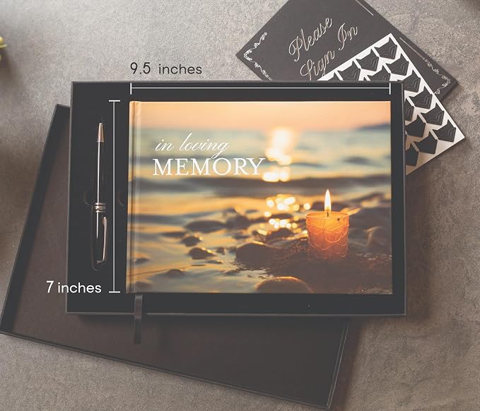 Candle Hardcover Funeral Guest Book - 9.5 x 7 Celebration of Life Guestbook for Memorial Service with 5x7 Paper Sign, Pen, Black Photo Corner Stickers - Image 3