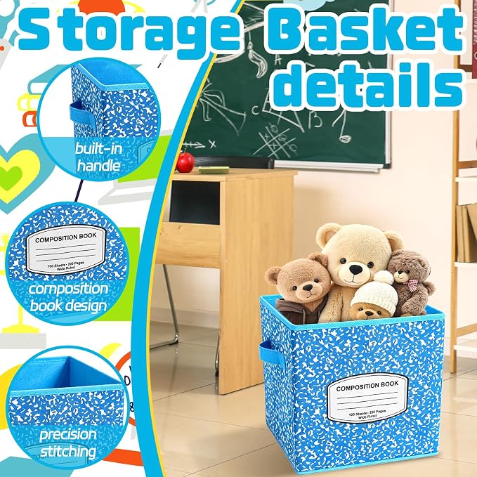 Demonwer 6 Pcs 11 Inch Fabric Storage Bins Color Composition Cubby Basket Bins with Handles Notebook Storage Containers for Back to School Decorations Office Home Organizer Supplies - Image 3