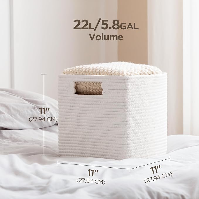 UBBCARE Set of 4 Cotton Rope Basket 13 X 13 X 13 Inches, Woven Storage Baskets for Shelves, Organizing with Handles, Cube Storage Bins for Storage Books, Magazines, White - Image 3