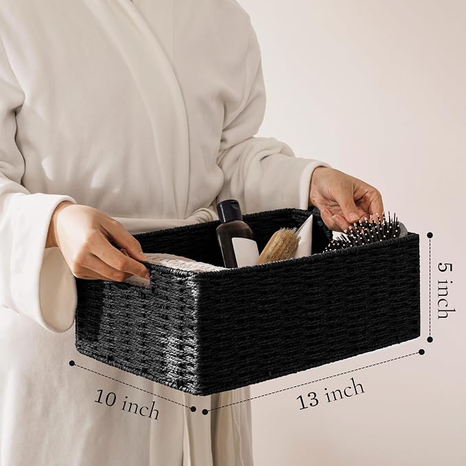 joybest Black Wicker Baskets for Shelves, Hand-woven Storage Baskets | 13L x 10W x 5H inch for Pantry, Kichen Organizing, Foldable Rectangular Bin with Handles, 4-pack - Image 2