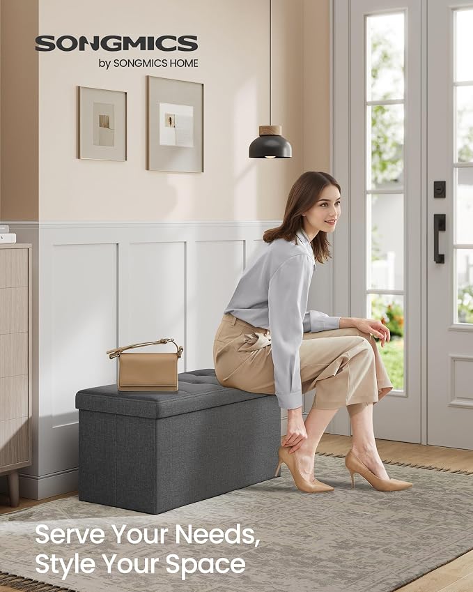 SONGMICS 30 Inches Folding Storage Ottoman Bench, Load 660 lb | Ottoman Foot Rest, Storage Chest, for Living Room, Entryway, Slate Gray and Ink Black, MINOTA Collection ULSF47K - Image 4