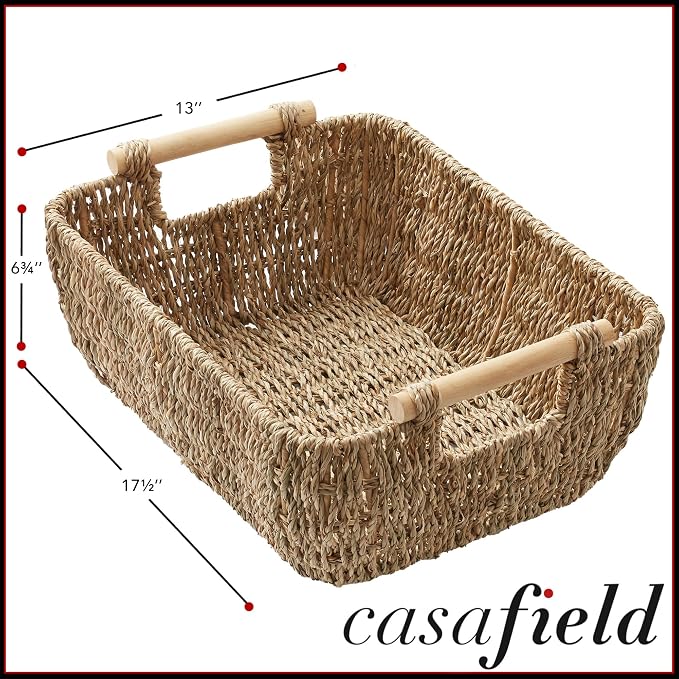 Casafield Set of 2 Seagrass Oval Storage Baskets with Wooden Handles - Large, Woven Bin Organizers - Image 4