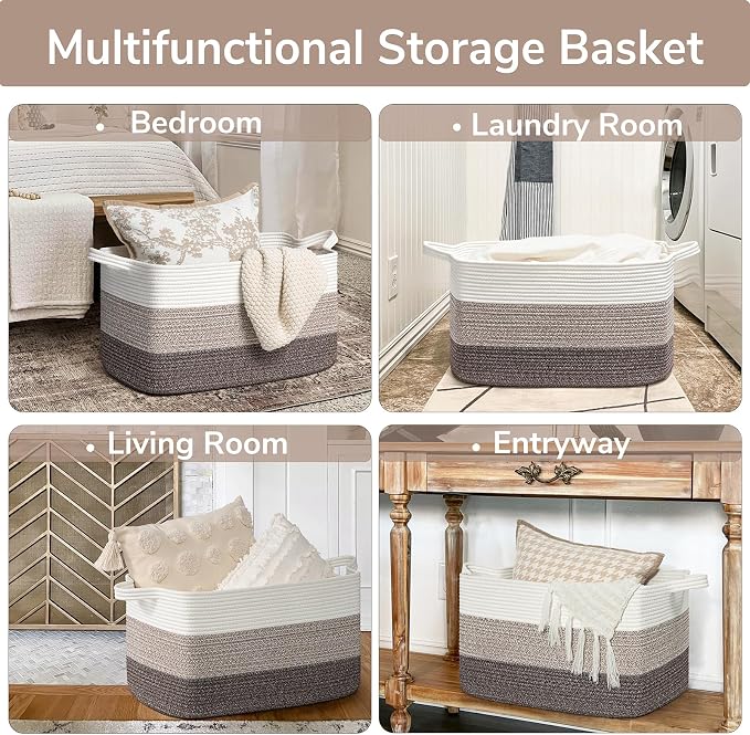 Goodpick Large Woven Rope Blanket Basket, Rectangle, White Brown | 21.6'' x 14.9'' x 11.8'' Storage Basket for Blankets & Toys, Living Room, Bedroom & Nursery Organization, Reinforced Handles - Image 4